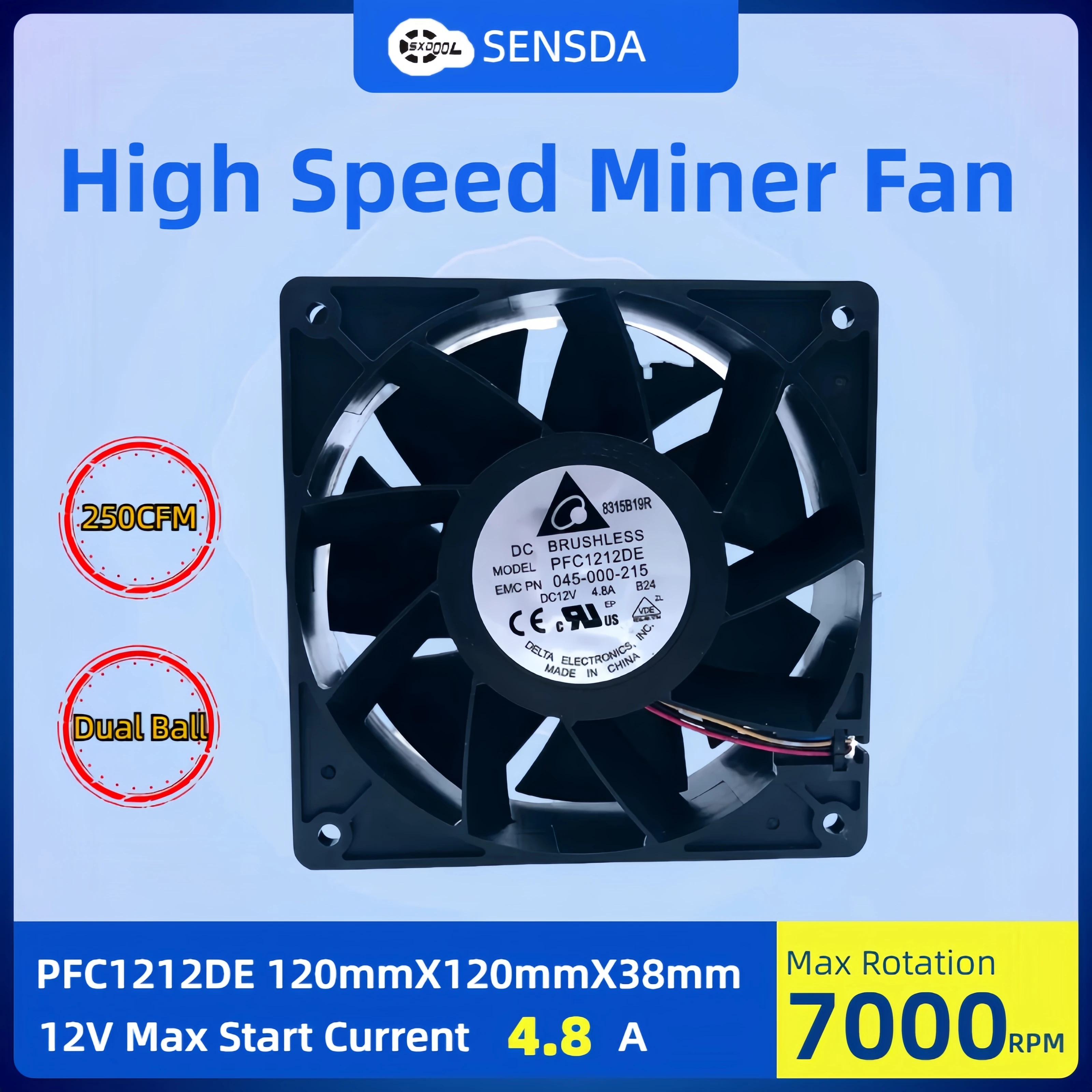 7000RPM 120mm X 38mm PFC1212DE High Speed CFM Cooling Fan 120x120x38mm 12v Delta 12038 120mm 4.80A for Ant S7 S9 D3 L3 E9