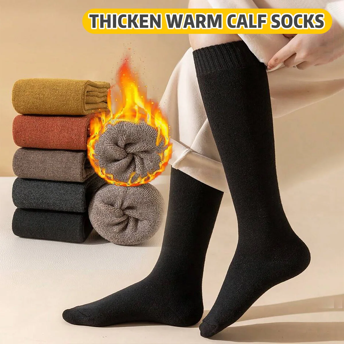 1 Paar Winter Warme Lange Socken für Damen Dicke Thermische Baumwoll-Kniestrümpfe Atmungsaktive Einfarbige Harajuku Casual Verdickte Frottee-Strümpfe