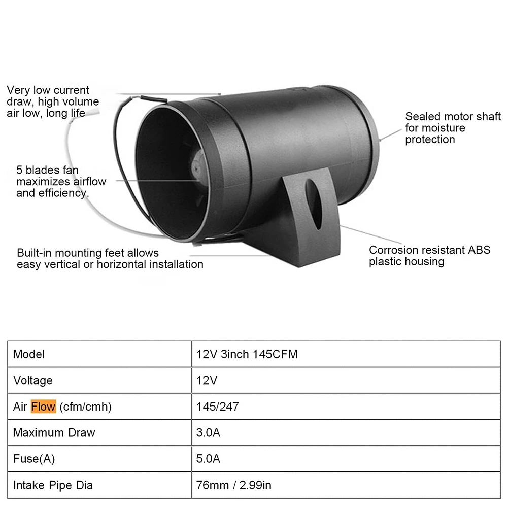 Wentylator rurowy 12V 3 cale, wentylator wlotowy/wylotowy powietrza, wentylator wylotowy powietrza do łodzi, wydajna wentylacja z przepływem powietrza do łodzi, małych pomieszczeń.