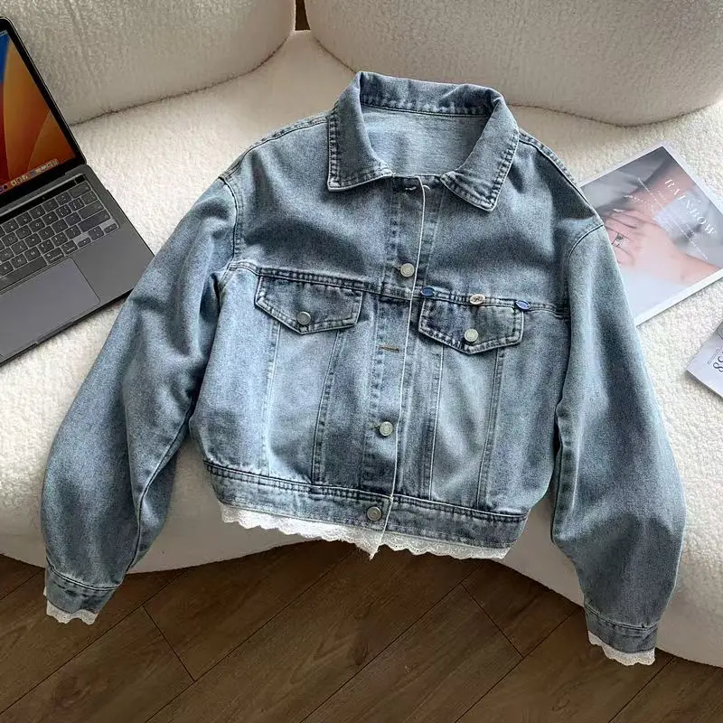 

Women's Lace Edge Splicing Denim Coat Korean Loose Short Denim Jackets Autumn Casual Turn Down Collar Single-breasted Top