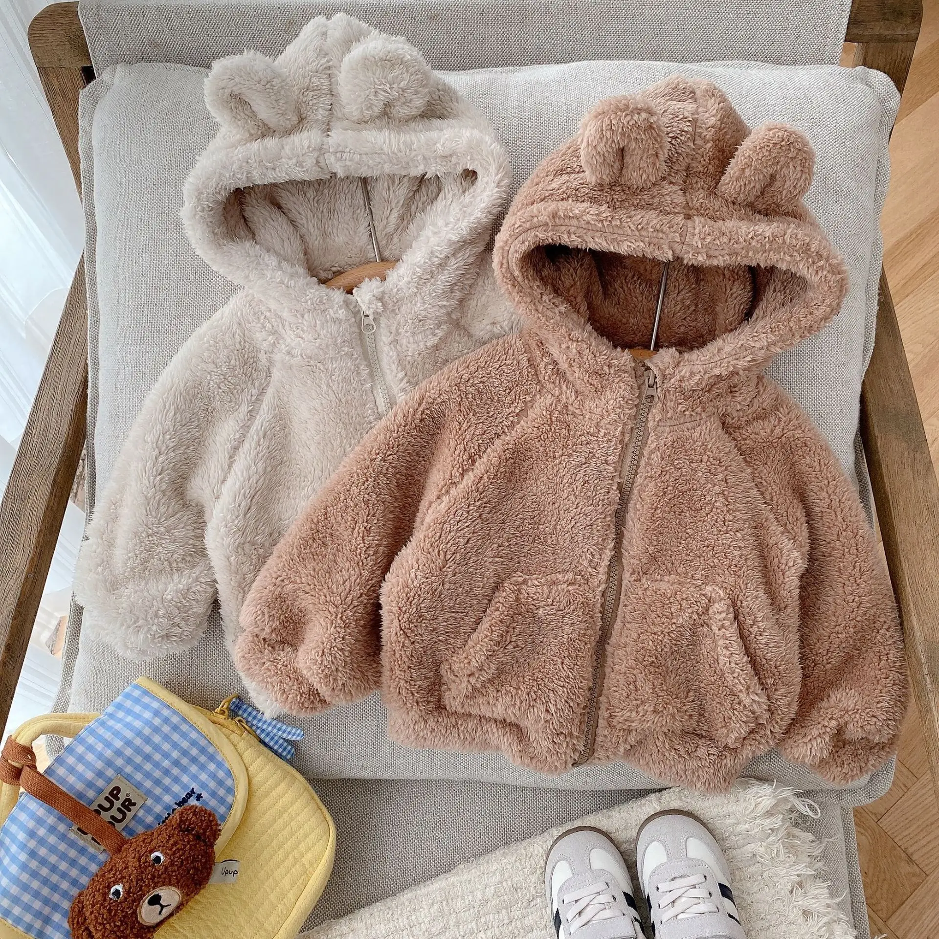 Baby Boys Girls Fleece Jacket Autumn Winter Soft Solid Color Warm Hooded Furry Coat Toddler Kids Casual Outerwear