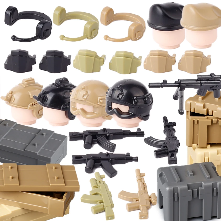 MOC-SWAT Militar Building Blocks Brinquedos para Meninos, Acessórios de Armas, Armas, Joelheiras, Headset, Capacetes Caixa, Container Bricks,