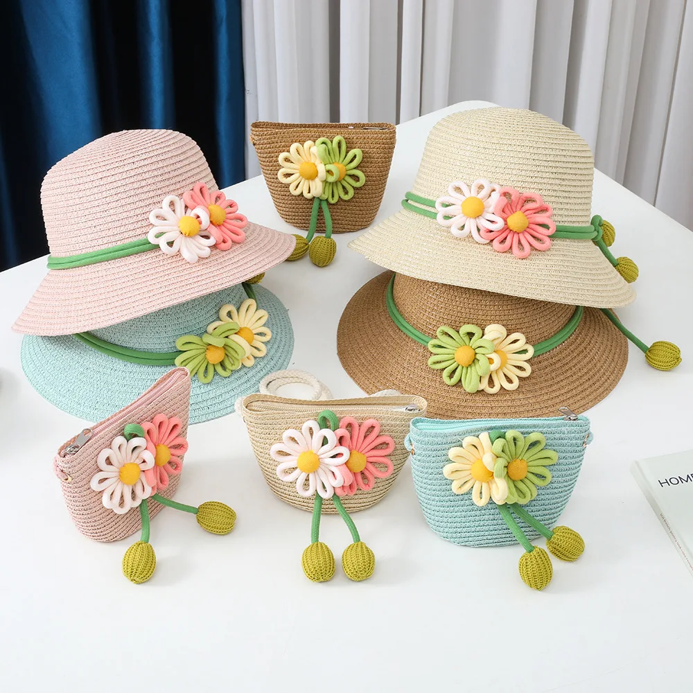 2024 Children's straw hat set cute female treasure summer sun protection straw hat spring outdoor casual fisherman hat small fre