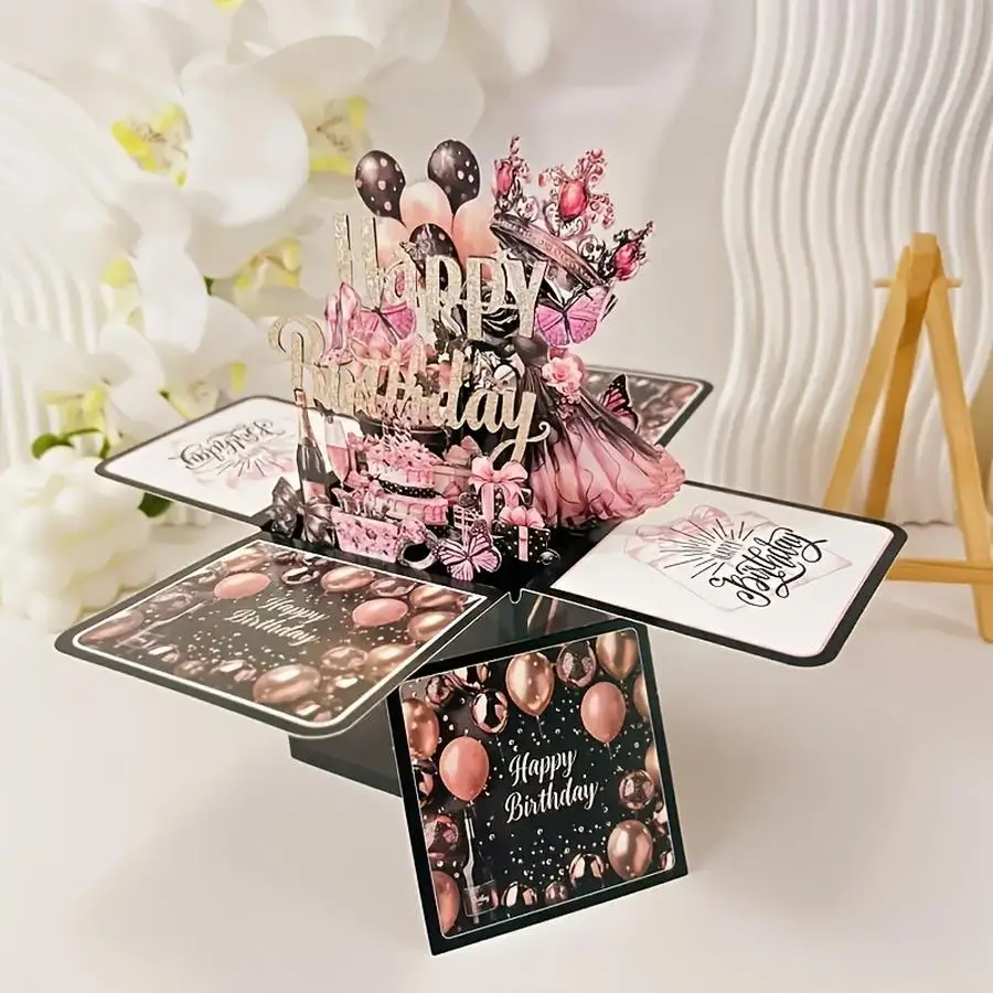 1/5/10/20/50/100pcs Happy Birthday 3D Pop Up Box Card – Elegant Pink And Black Greeting Card for Women, Friends And Family Love