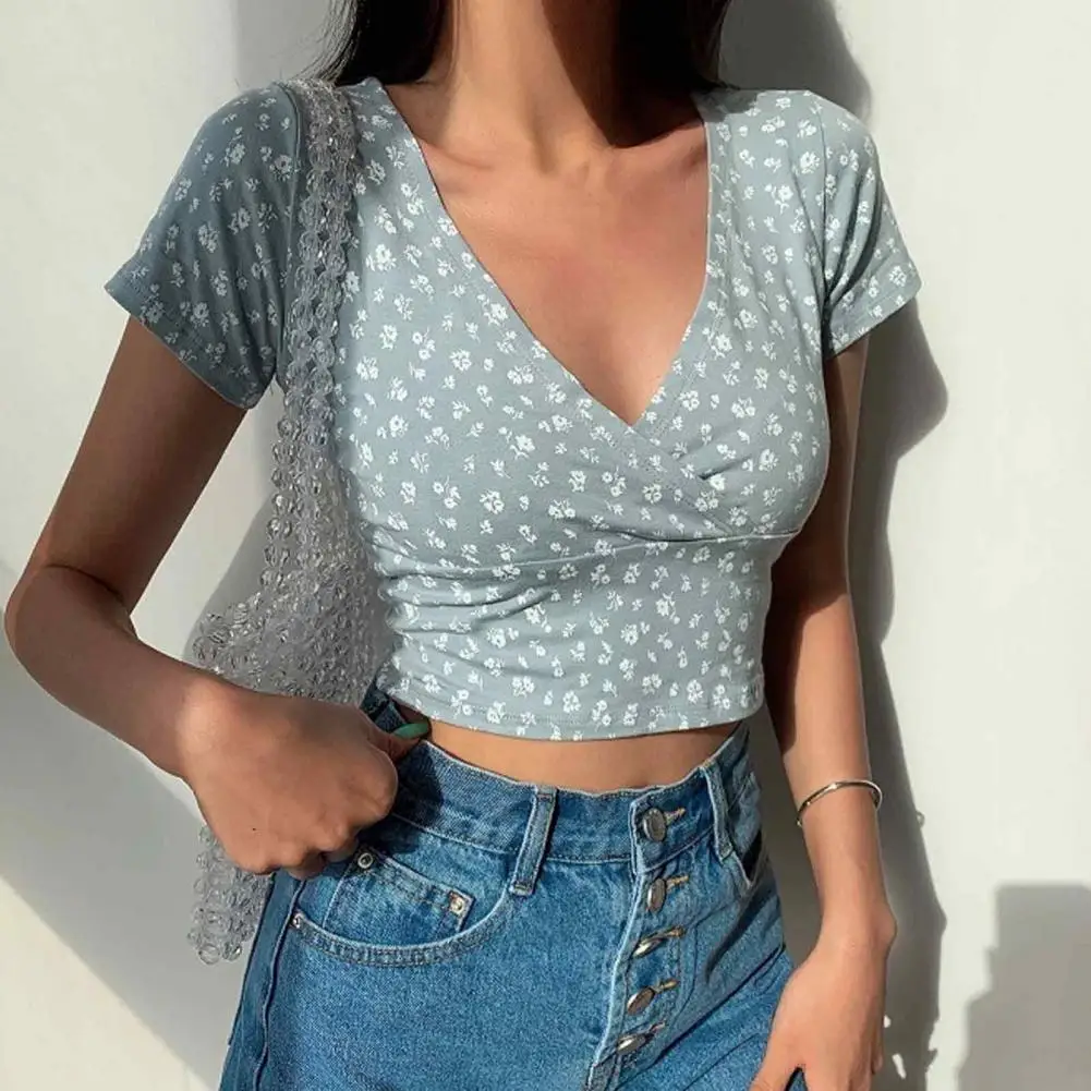 Top ajustado Retro para mujer, Top de manga corta con cuello en V y estampado de flores pequeñas, suave y transpirable, Verano