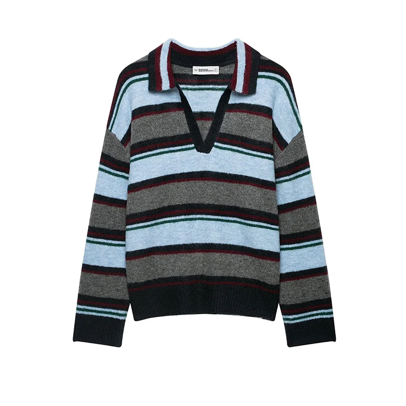 Retro Multi Color Stripe Ladies Knit Top Lapel V Neck Soft Casual Long Sleeve Jumper Autumn Pullover