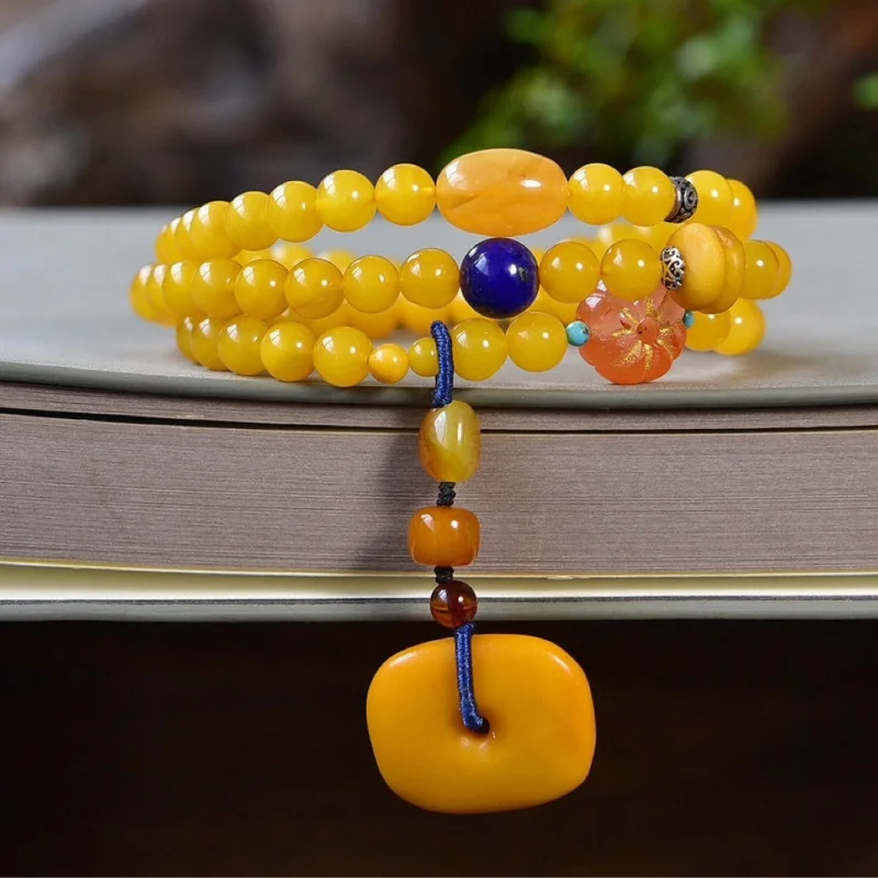 Natural Three-Circle Bracelet, Rich Wax, Full Honey Chicken Oil Yellow Old Beeswax 6.3mm