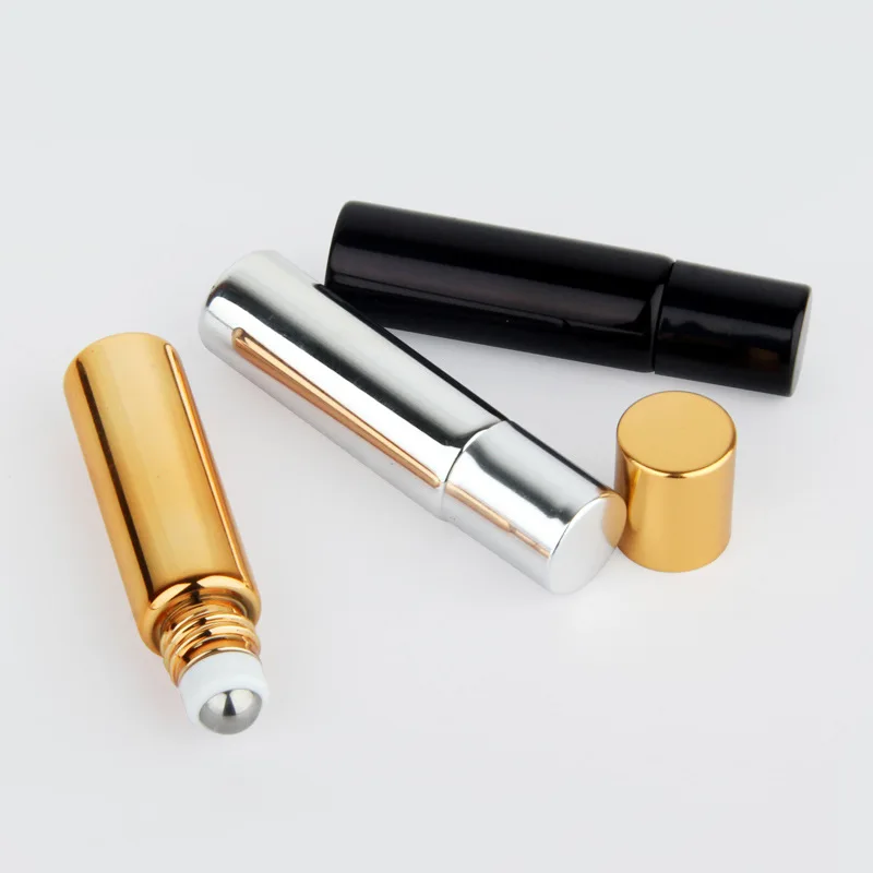 10ml Gold/Silver/Black Glass Roll On Bottle with Stainless Steel Roller Ball for Perfume Eye Cream Essential Oil Travel Bottles