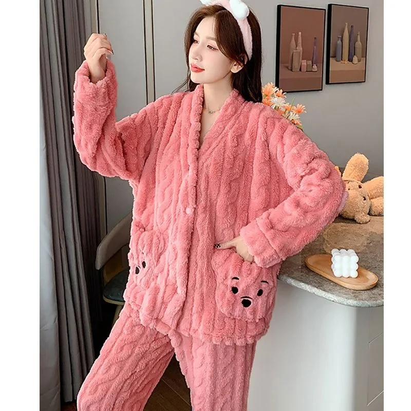 2023 New Bear Winter Pajamas Female Coral Velvet Loungewear Warm Suit Autumn Cute Cartoon V-neck Homewear Thicken Nightwear