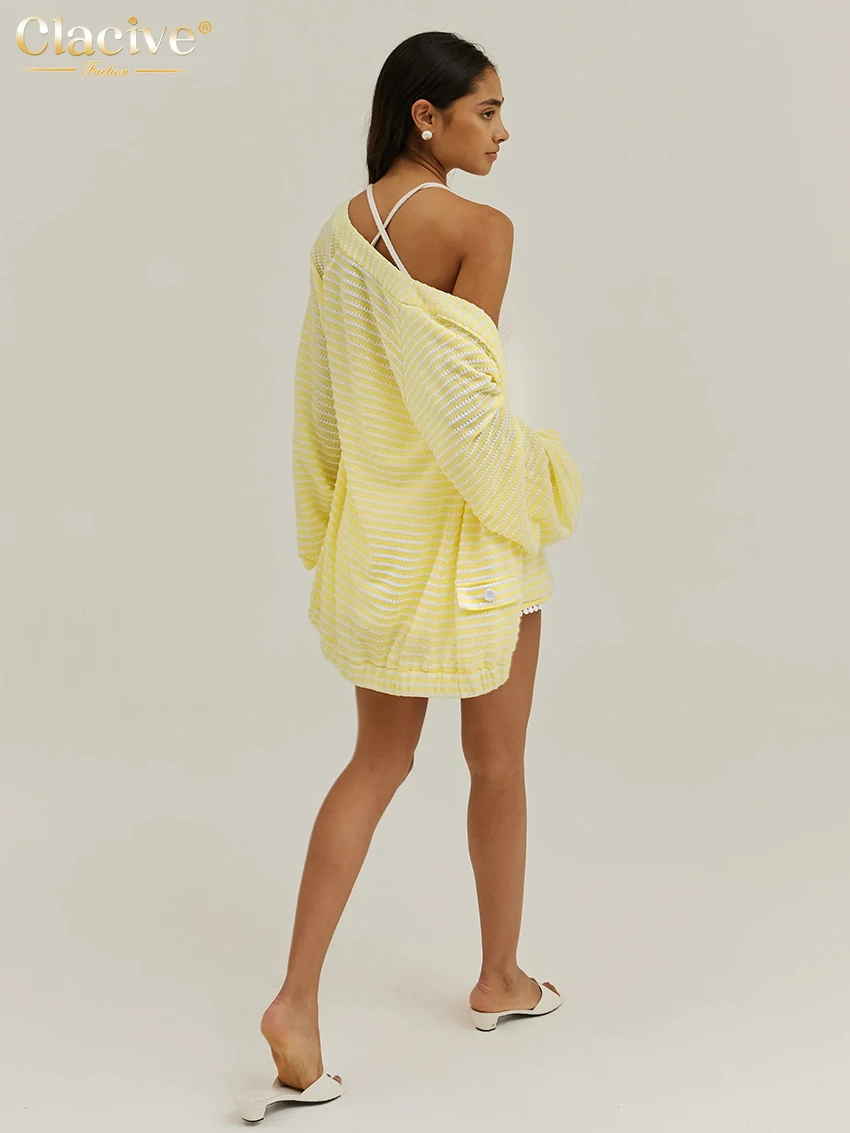 Clacive Casual Loose Yellow Home Two Piece Set Women 2027 Elegant Long Sleeve Robes With High Waist Shorts Set Female Clothing