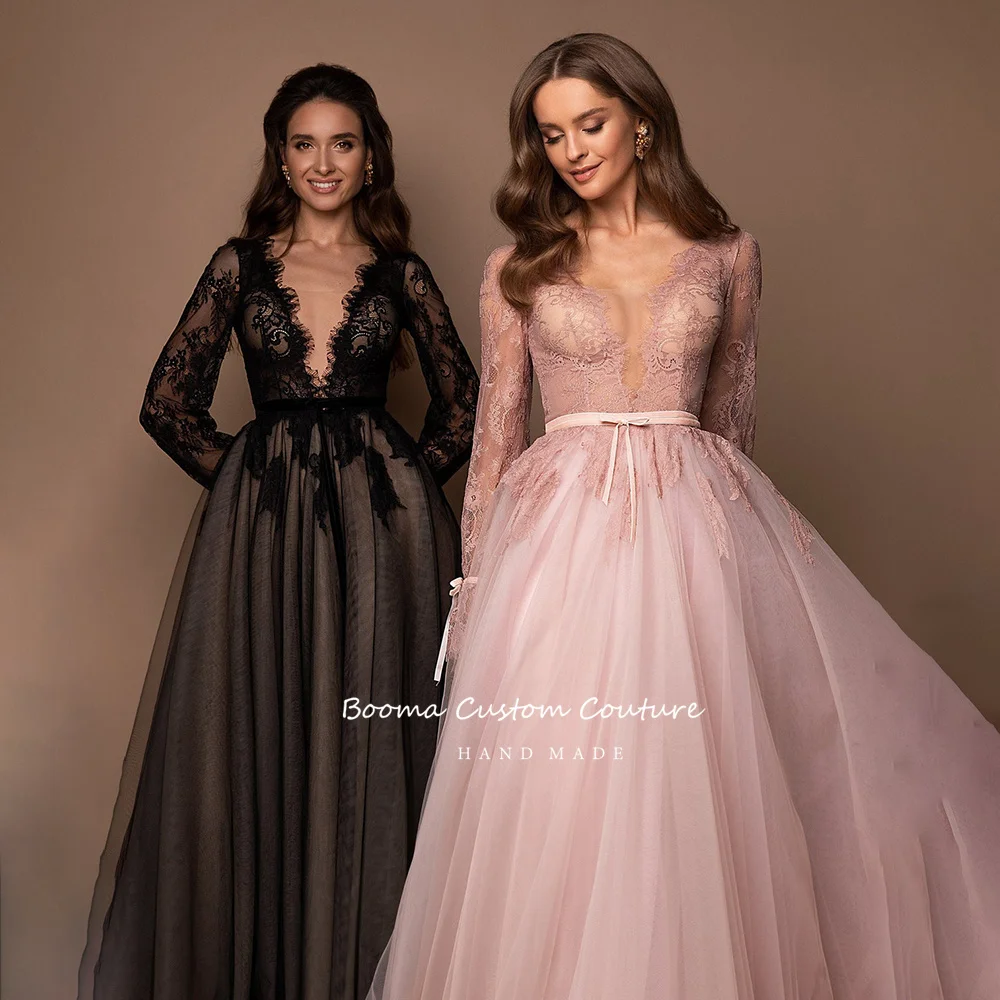 Elegant Black Plunging V-Neck Prom Dresses Long Sleeves Illusion Lace Bodice A-Line Evening Dresses Velvet Sashes Party Dresses