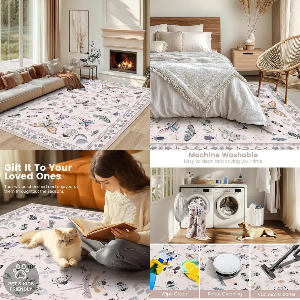 

Contemporary Living Room Rugs, 8x10 Washable Rugs for Bedrooms, Non-Slip Waterproof Carpets, Thin Soft Printed Area Rugs