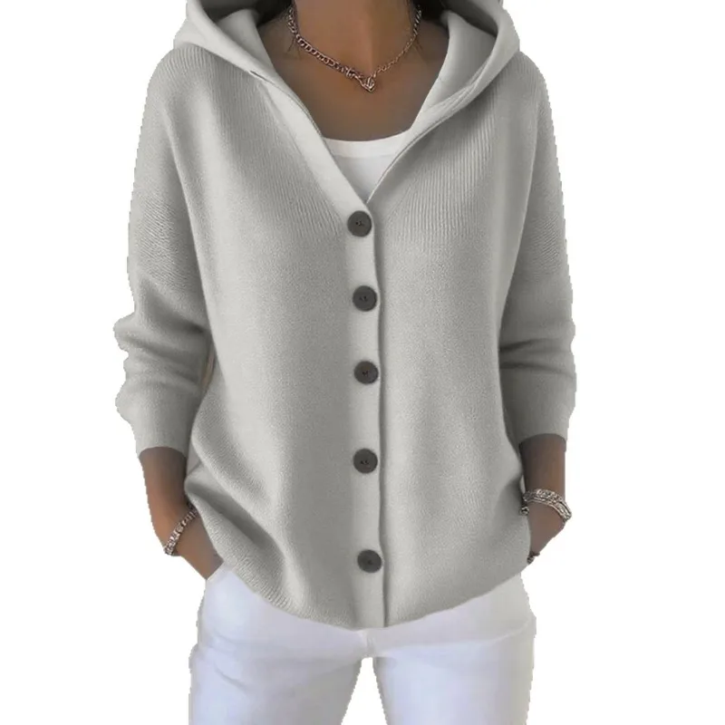 Solid Color Button Knit Hooded Sweater Cardigan Jacket for Autumn Winter New Casual Fashionable Women's Clothing Pulls Femmes 6