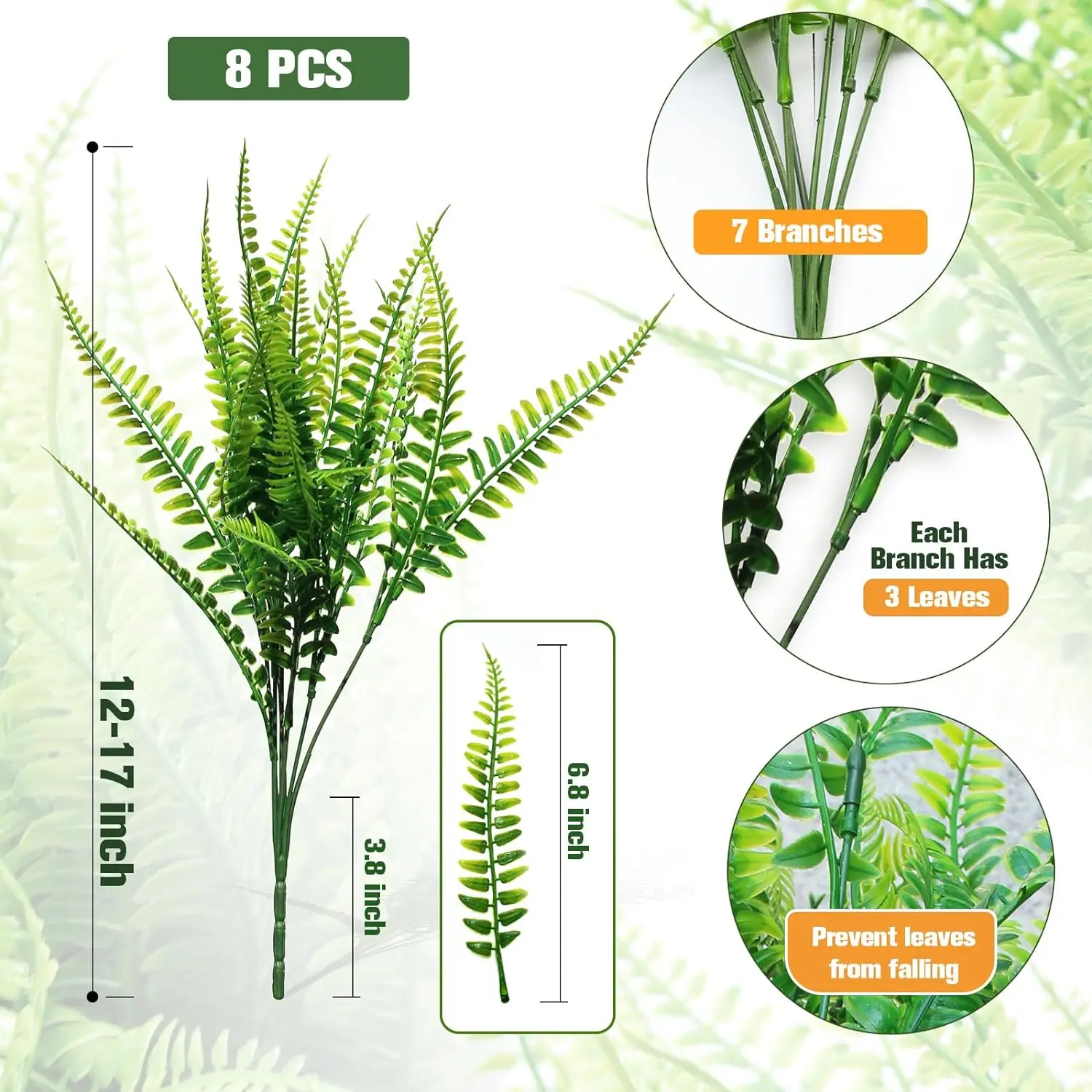 Plantas Artificiais de Samambaias Boston, Samambaias Falsas Realistas, Arbusto Resistente a UV, Arbustos artificiais reutilizáveis, Decoração De Planta Verde De Plástico, 10pcs