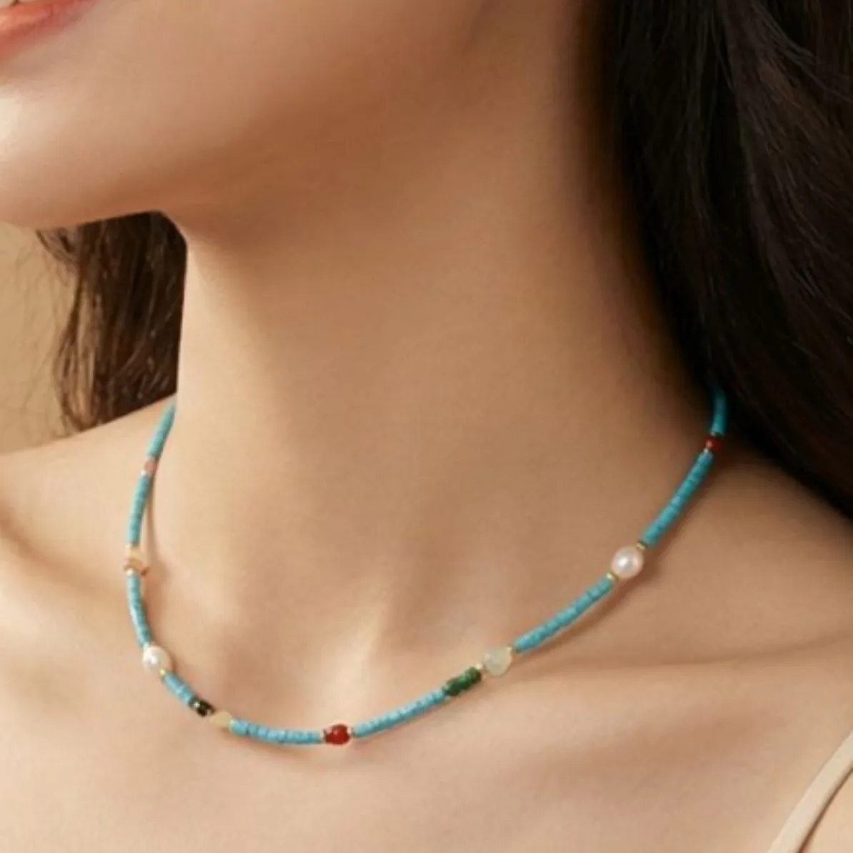 Vintage Western court style extremely fine blue turquoise beaded gemstone extremely fine necklace collarbone chain