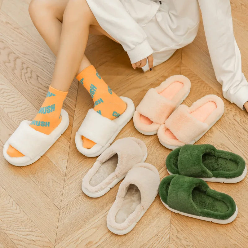 

Thick Fluffy Fur Slippers Women Winter House Warm Flip Flops Soft Bottom Solid Color Casual Thick Bottom Flat Indoor Shoes