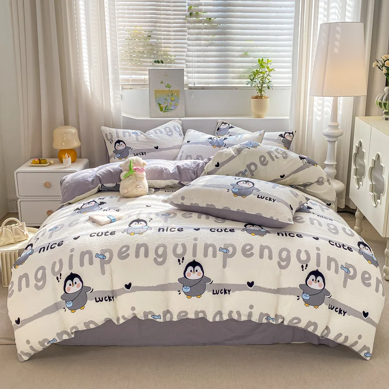 Penguin Duvet Cover Set Twin King Size Soft Microfiber Cartoon Bedding Set 4pcs for Kids Boys Wild Animal Theme Comforter Cover