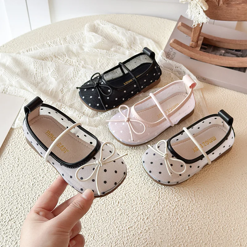 Elegant Polk Dot Embroidery Mesh Ballerina Shoes Kid Girls Bowknot Elastic Band Ballet Flats Baby Child Silk Gauze Dress Shoes