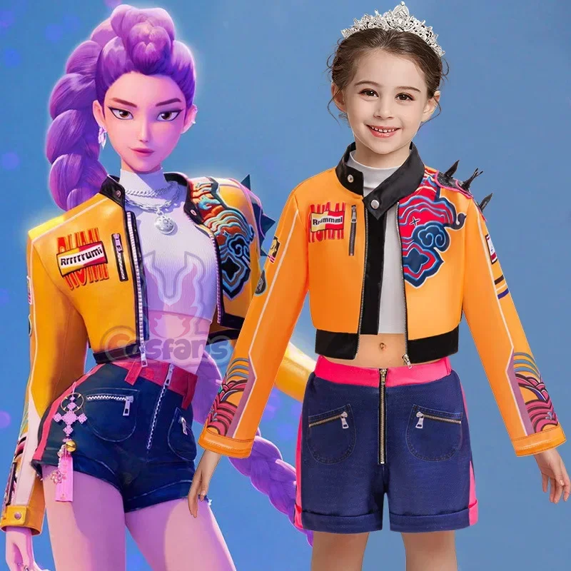 

Аниме фильм K-POP охотники на демонов Руми косплей костюм для девочек куртка Руми футболка Shourts детский карнавальный костюм на Хэллоуин