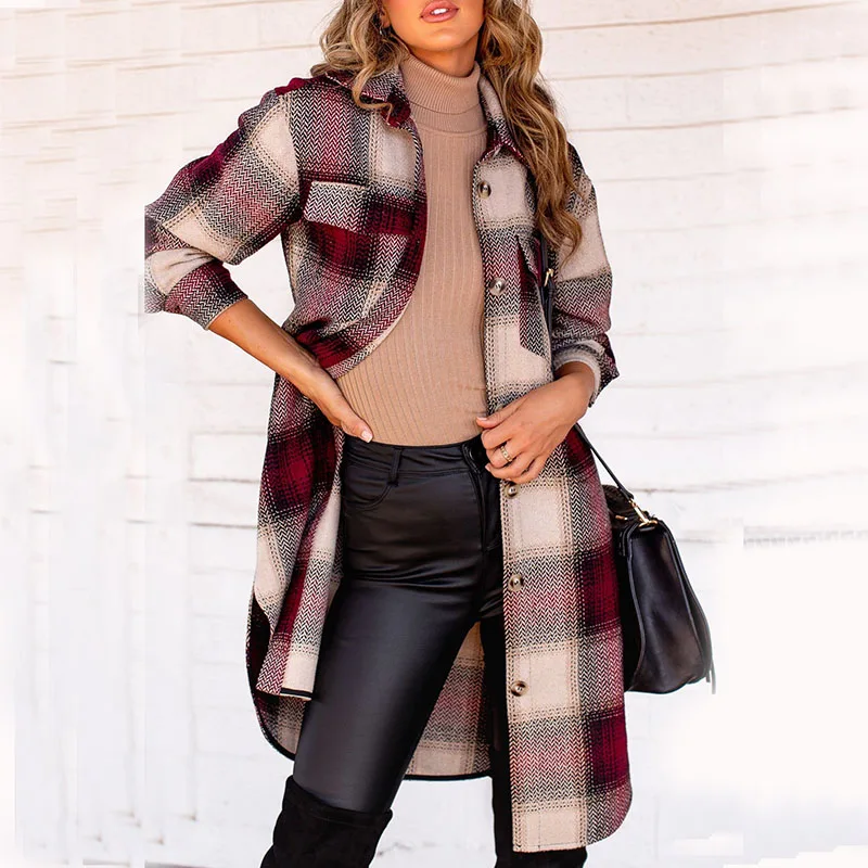 

QINJOYER Women's Fashion Long Plaid Coat Autumn Winter Lapel Loose Shirt Coat Long Sleeve Warm Coat Female Casual Streetwear