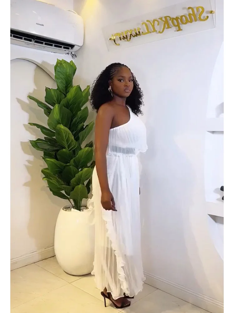 ANLAN مطوي طيات فستان سهرة الراقية مائل الكتف مأدبة حفلة المرأة فساتين طويلة تكدرت الألواح ‌   تصميم مقسم