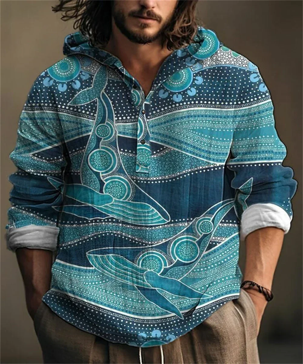 Hooded pullover shirt Spring and Autumn new hooded casual shirt fashion digital printing long-sleeved men's pullover top