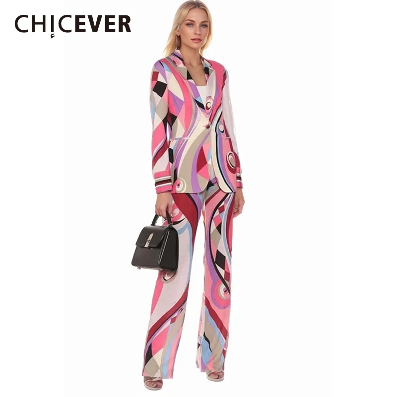 

CHICEVER Hit Color Print Two Piece Set For Women Notched Collar Long Sleeve Top High Waist Pant Elegant Chic Sets Female Clothes