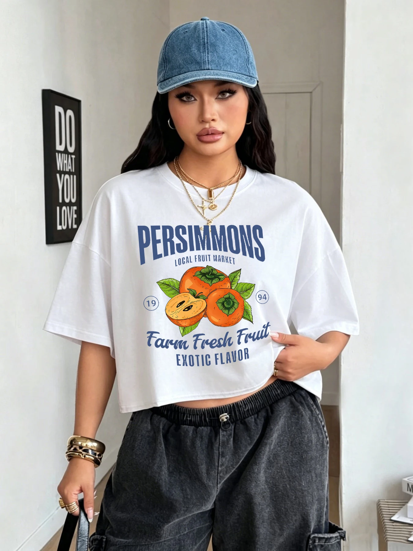 Local Fruit Market Fresh Persimmons Print Womens Crop T-Shirts Casual O-Neck T-Shirt Y2K Summer Clothing Loose Cotton T Shirts