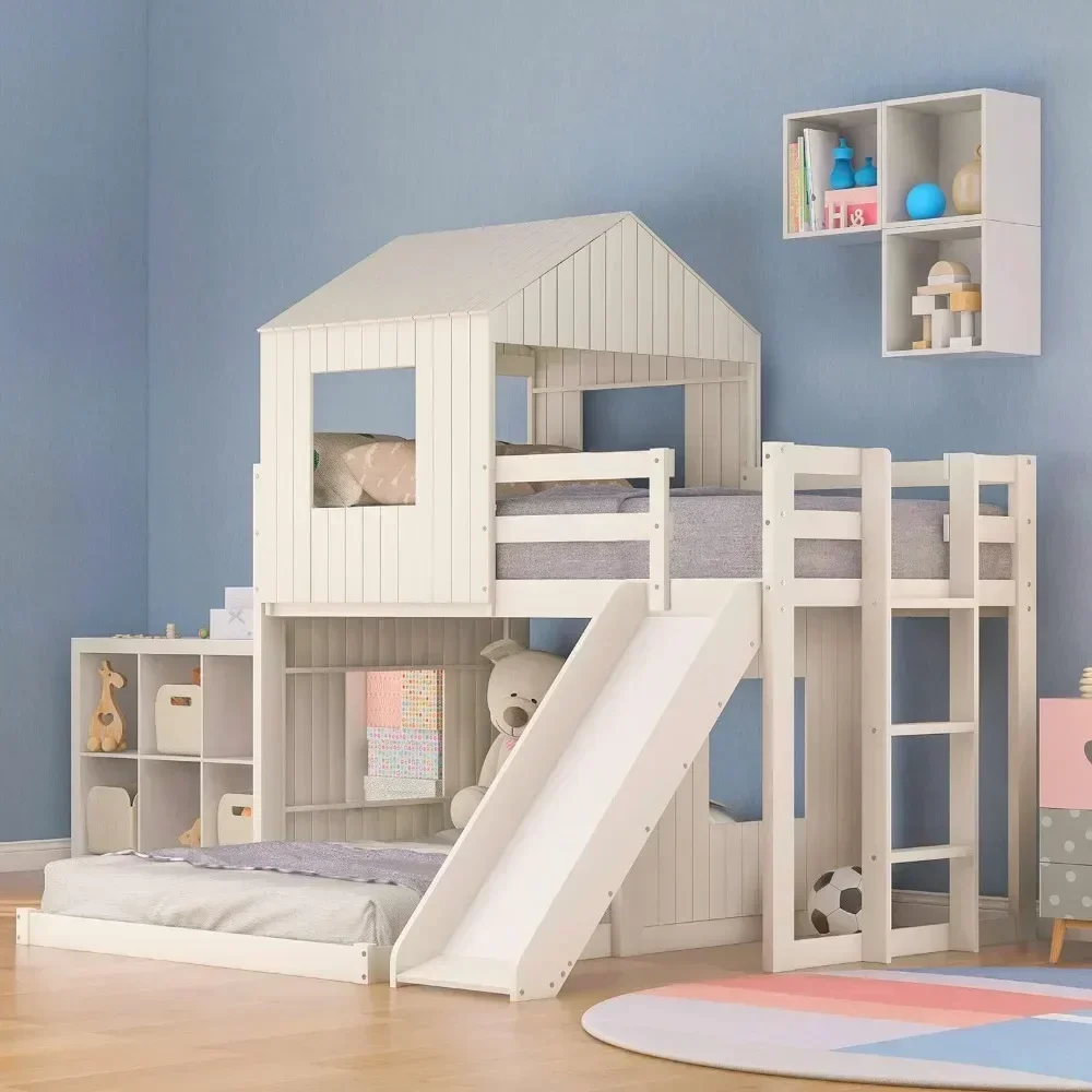 Bunk Beds with Slide, Wood with Roof and Guard Rail for Kids, Toddlers, No Box Spring Needed, Beds Bedroom Furniture