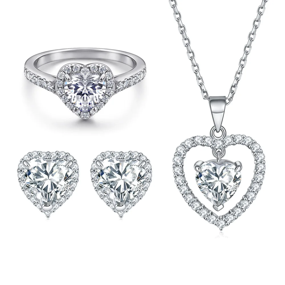 

S925 pure silver plated 18K gold PT950 platinum heart ring heart-shaped earrings pulsating heart necklace three piece set
