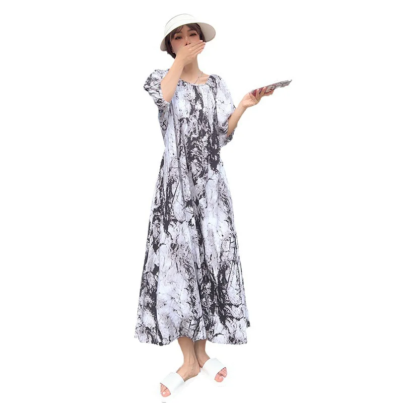 Women New Cotton Silk Dress Spring Summer Explosions Artificial Cotton Floral Dress Thin Large Size Nightgown T0072