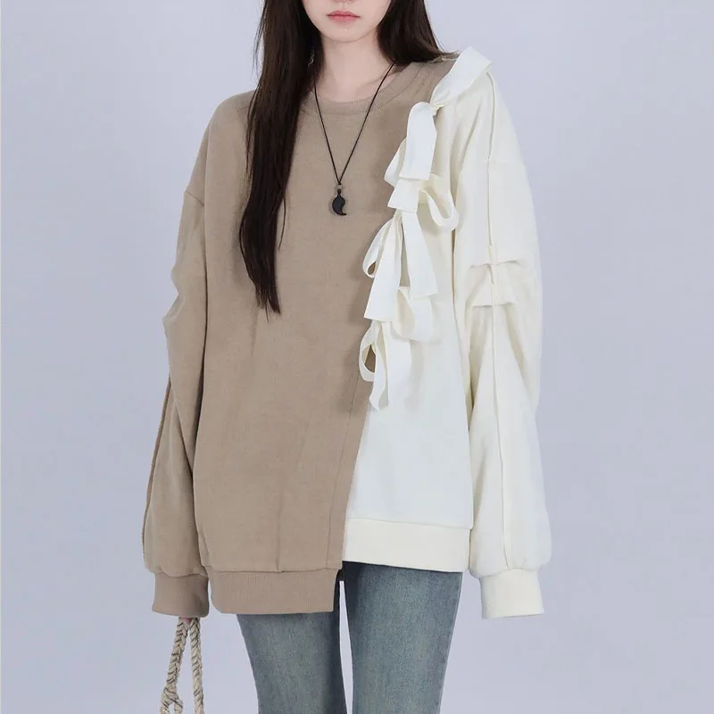 Bow Spliced Irregular Color Blocking Sweatshirts Female Korean All-match Long Sleeve Loose Pullovers Spring Women's Clothing