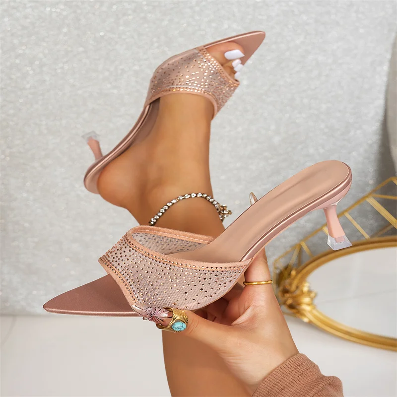

Летние новые модные женские туфли с заостренным носком для вечеринок, удобные и сексуальные прозрачные босоножки на высоком каблуке с стразами