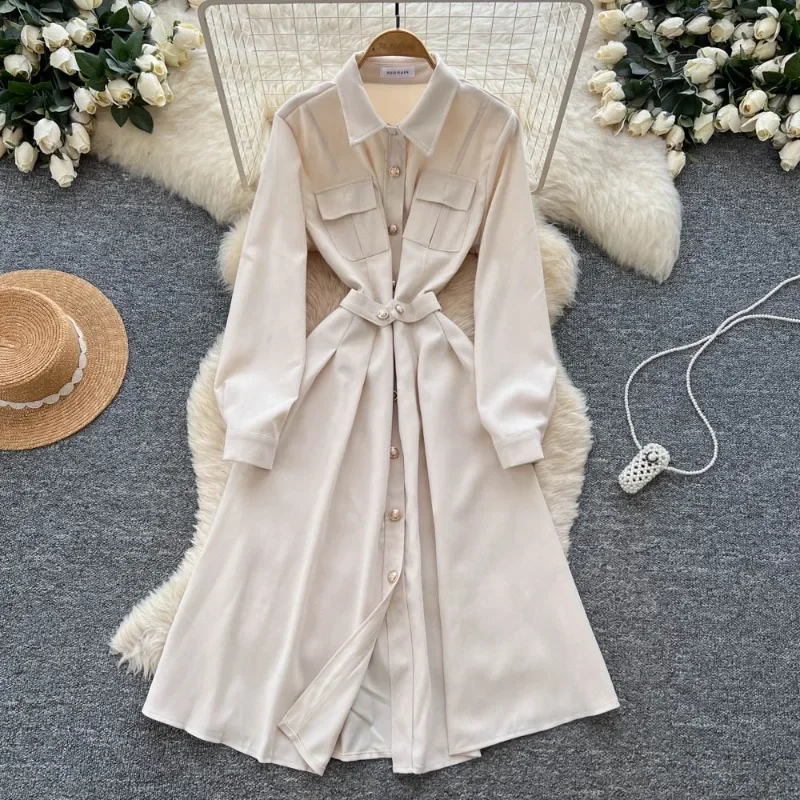 เดรสเชิ้ตกระดุมแถวเดียวสำหรับผู้หญิง สีพื้น ฤดูใบไม้ผลิ ฤดูใบไม้ร่วง ชุดเดรสสไตล์เกาหลี แฟชั่นหวานๆ ย้อนยุค ชุดเดรสยาว