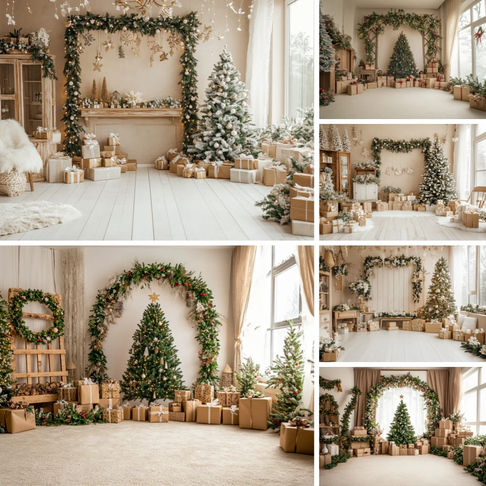 

Photography Background Christmas Gift Box Brown Wooden Blanket Spherical Ornament Kids Family Portrait Backdrop Decor