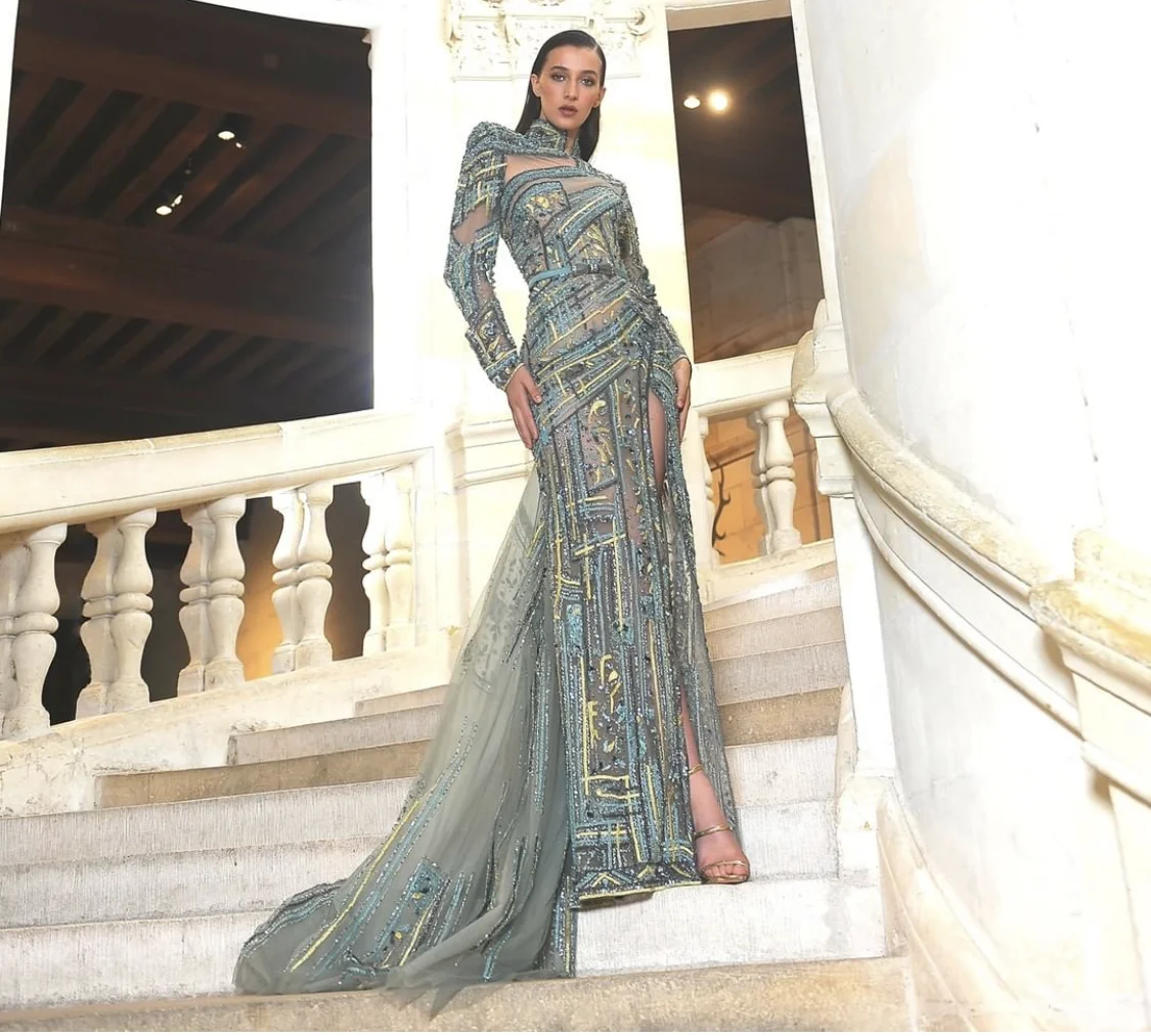 

New Arrival Green High Neck Long Sleeves Beaded Mermaid vestidos de fiesta فساتين سهره evening dresses