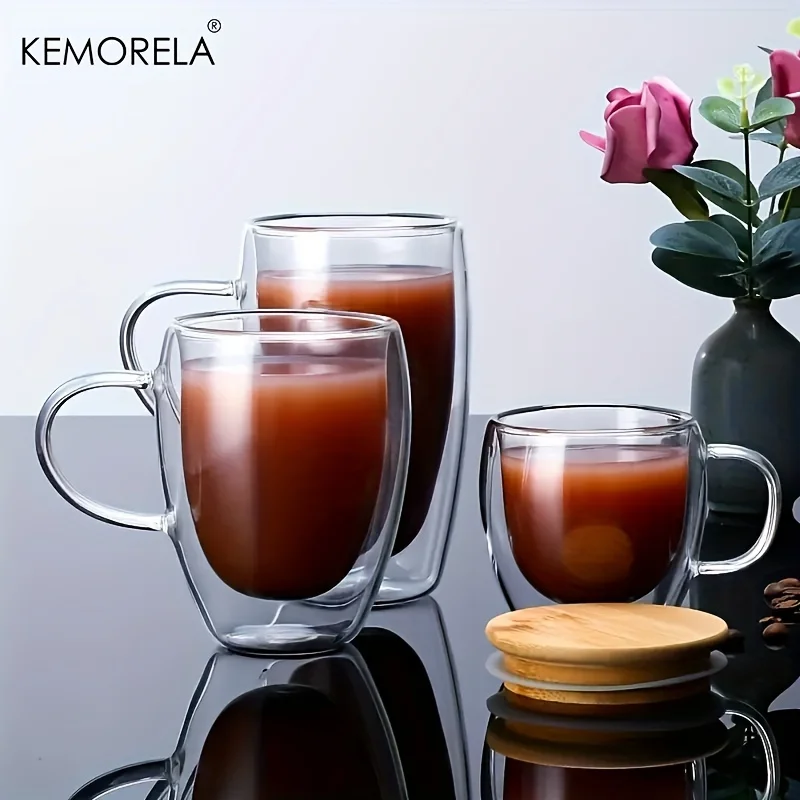 KEMORELA Double Glass Coffee Cup with Bamboo Cover