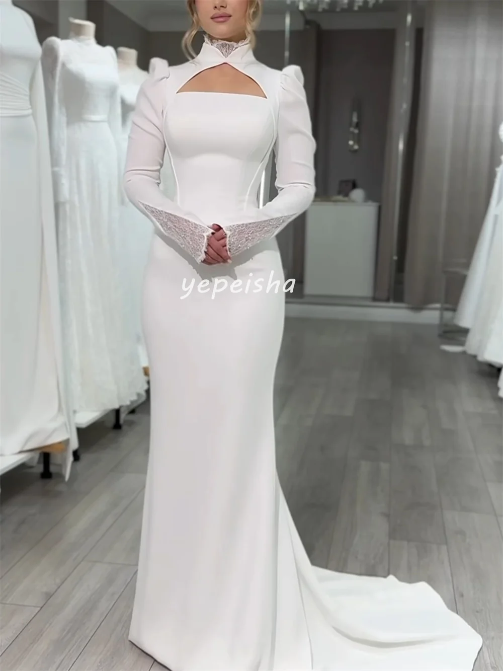 Personalizado simples jérsei renda ruched em linha reta gola alta vestidos longos sob medida vestidos de ocasião moda elegante tamanhos disponíveis