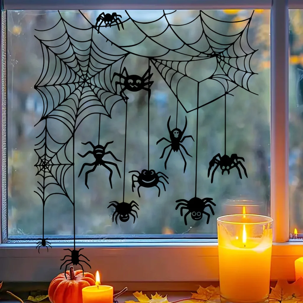 Halloween Wall Sticker Spooky Halloween Door Topper Wall Sticker Set Witch Ghost Black Cat Spiderweb Pumpkin Window for Festive view 5