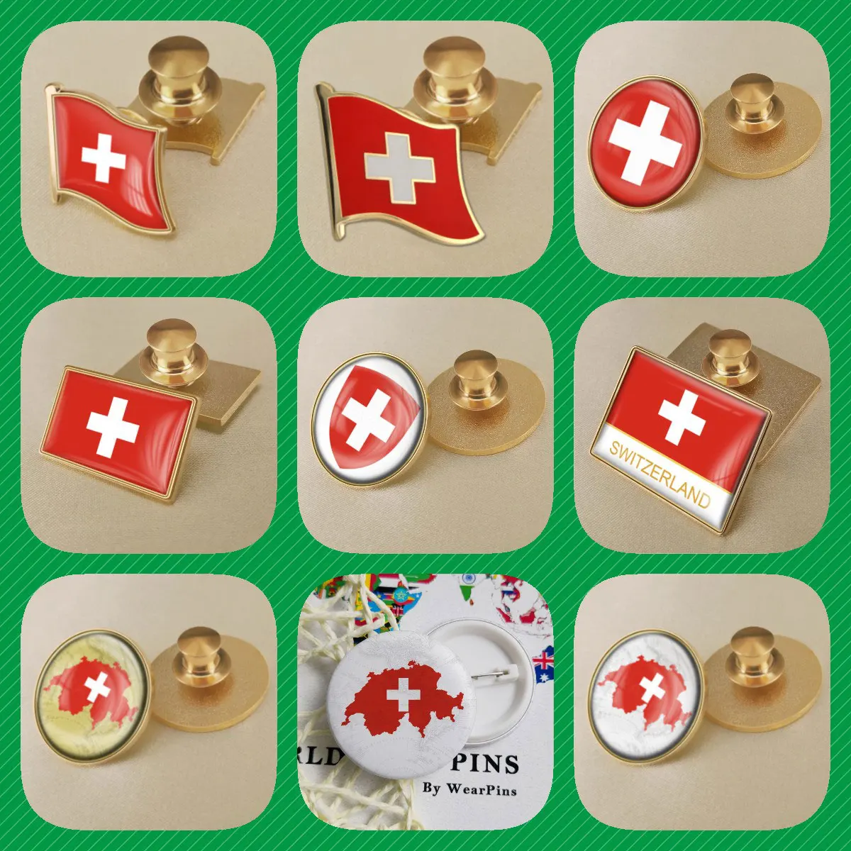 Switzerland Switzer Map Flag National Emblem National Flower Brooches Badges Lapel Pins