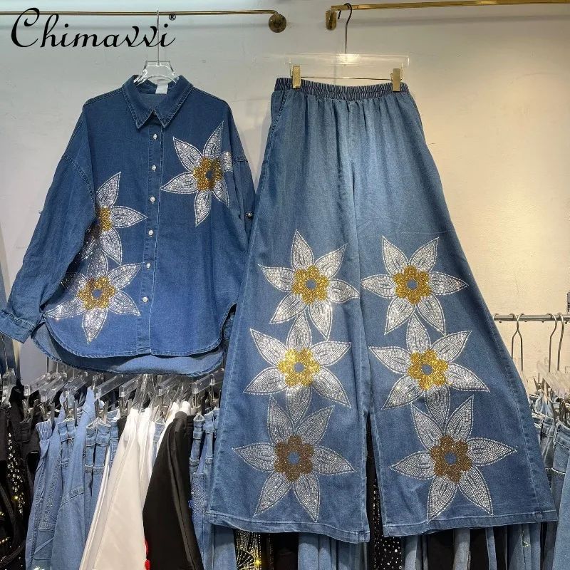 

Fashion Long Sleeve Denim Turn-Down Collar Shirt Women Autumn Gold and Silver Rhinestone Floral Wide-Leg Pants Casual Womens Set