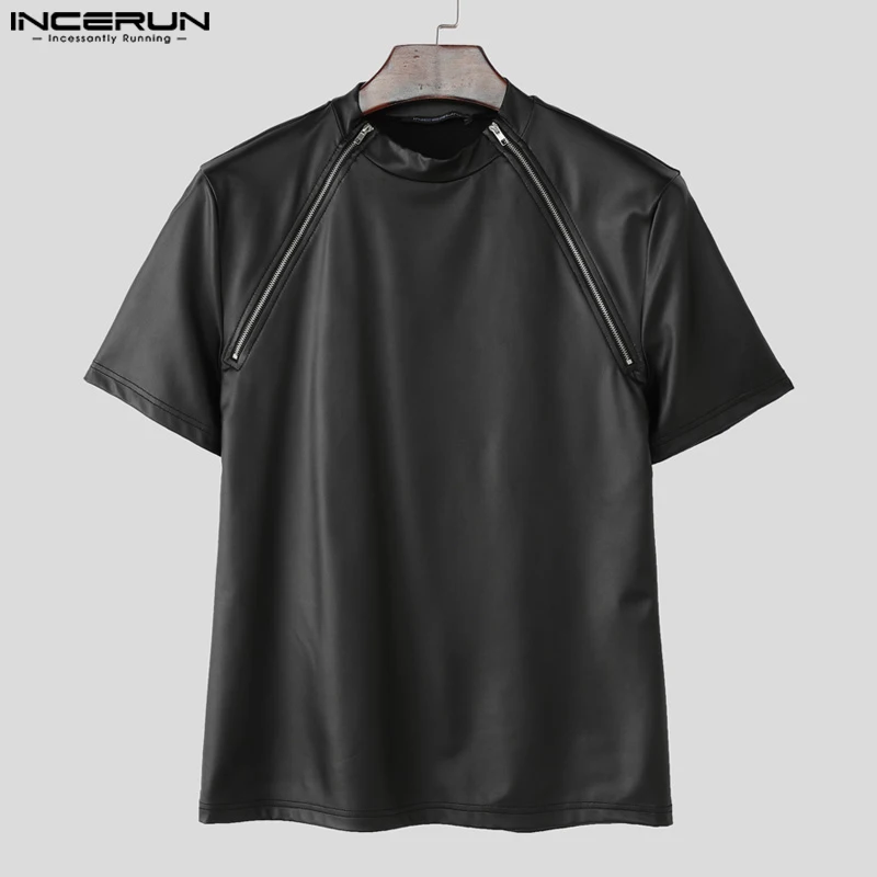

INCERUN Мужская футболка блестящая с коротким рукавом на молнии повседневные мужские футболки летняя уличная одежда 2025 сверкающая модная повседневная мужская одежда