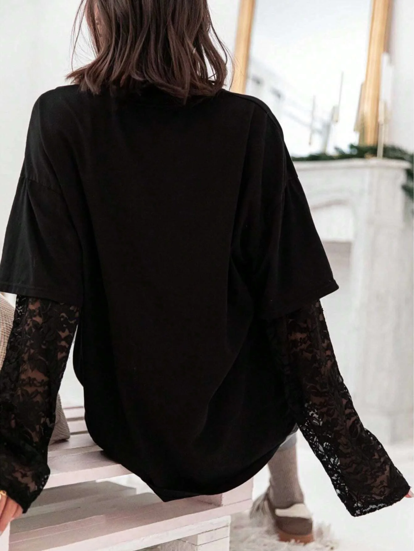 Spring, Summer and Autumn Fashion Solid Color Loose Lace Patch Long Sleeve T-Shirt Women's Top
