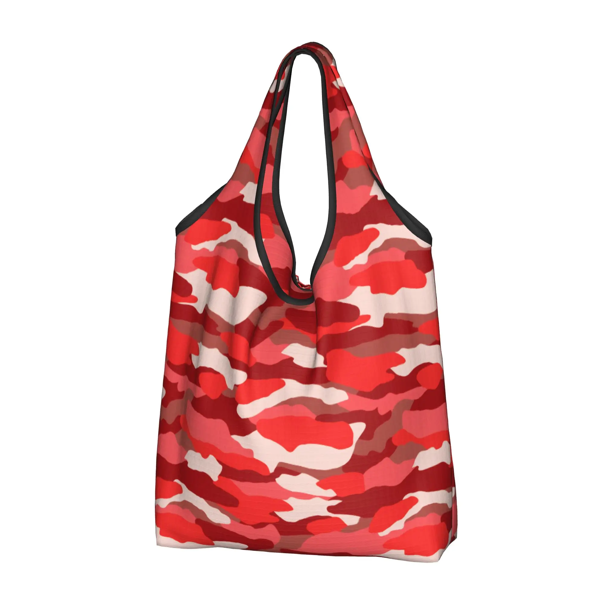 Cute Red and Pink Monochrome Camouflage Shopping Tote Bag Portable Military Army Tactical Camo Groceries Shopper Shoulder Bag