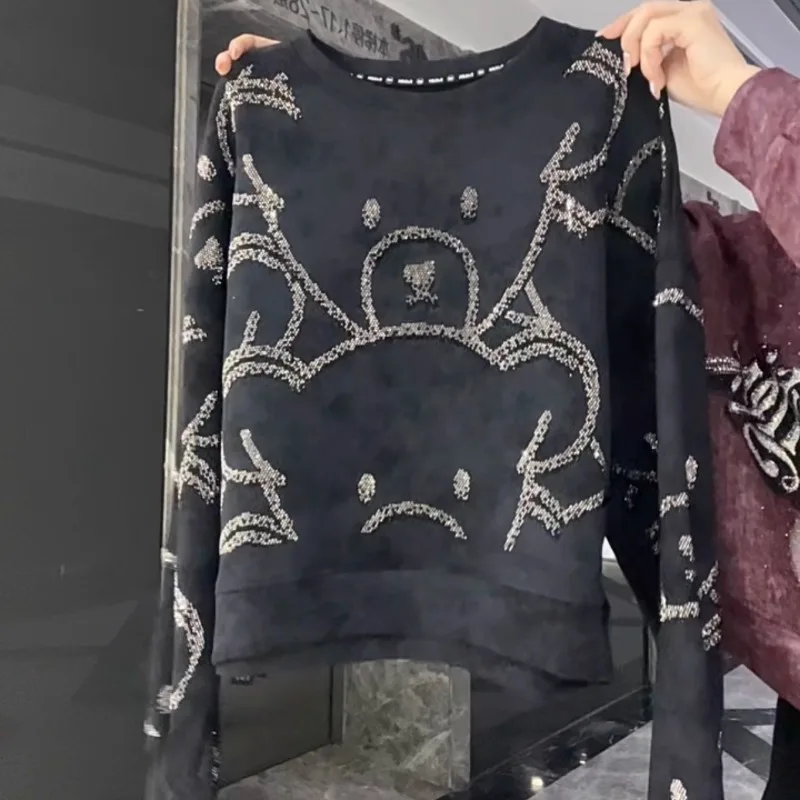 Autumn New Korean Version Loose and Thin Versatile Casual Heavy Industry Hot Diamond Cartoon Sweater For Women