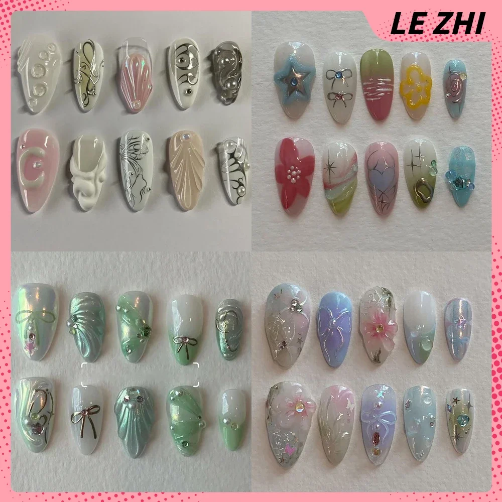 

French Almond Acrylic Handmade Fake Nail Summer Flowers Color Sizes Can Be Customized High-end Glitter Press on Nails Art Gift