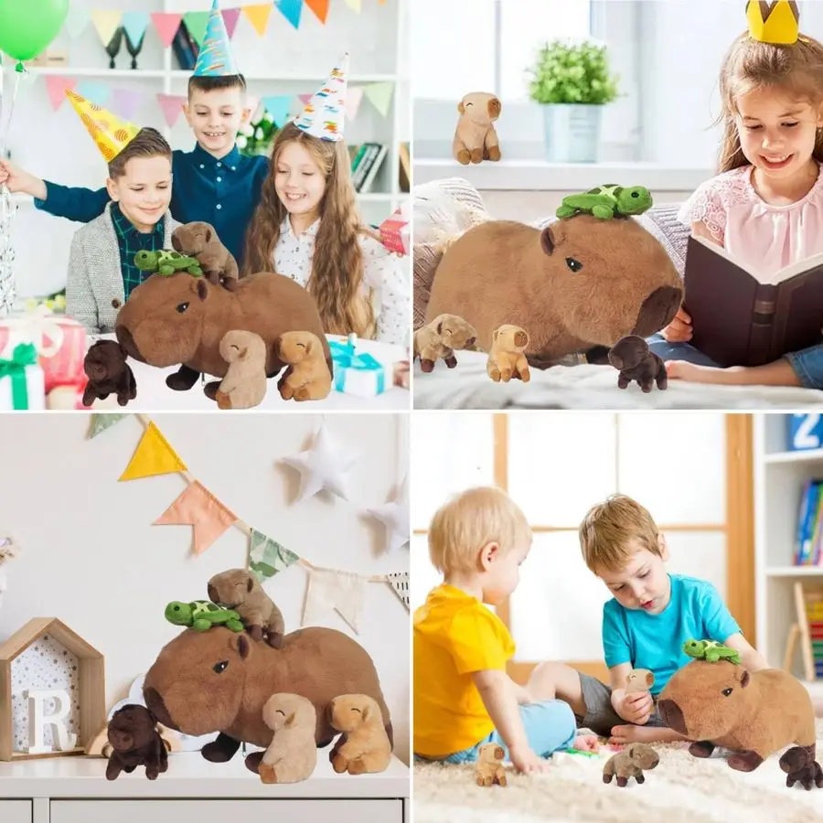 1 Capibara Pluche, 14,2 inch Capibara Knuffeldier met Baby's in Mama's Knuffel Capibara Pluche Kussen Speelgoed met 4 B