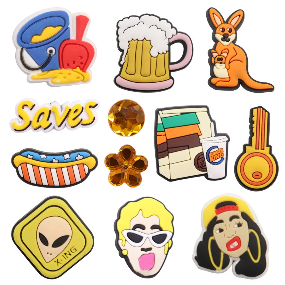 1-12PCS Kangaroo Hot Dog Beer Key Shoes Charms Accessories Buckle Clog Sandal Decorations DIY Wristbands Kids Gift