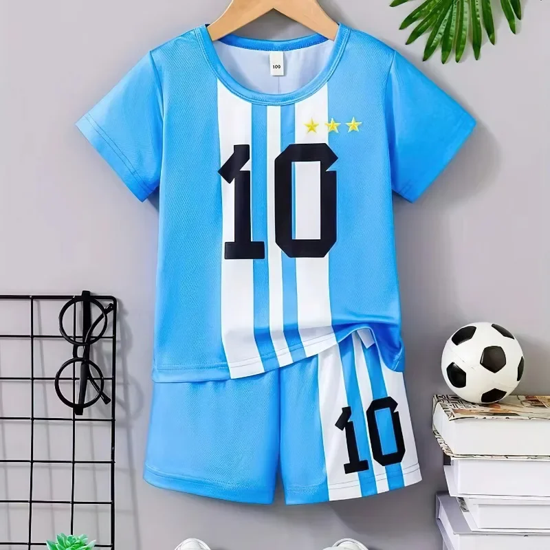 Two-Piece Summer Messi and Ronaldo Shirt 3d Printed Children\'s Football Training Set Boys Breathable Sweat-Absorbent Sportswear