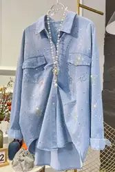 Luxury Style Full Body Sparkle Diamonds Denim Shirts and Blouses For Women's Loose Casual Fashion Denim Cardigan Tops Clothes